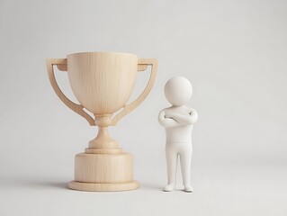 3D figure with arms crossed standing beside a large wooden trophy, symbolizing achievement and success. Minimalist and clean design. .