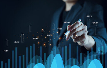 Businessman show data graph analyzing financial with finance investment growth rising percentages,...