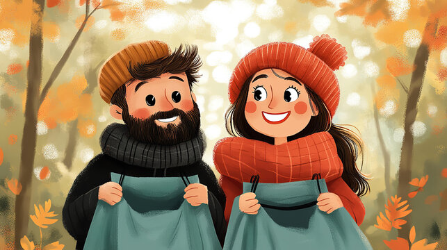 Pappy people with shopping bags, cartoon style illustration 