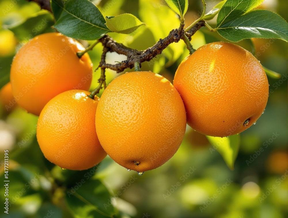 Poster oranges growing on tree branches.