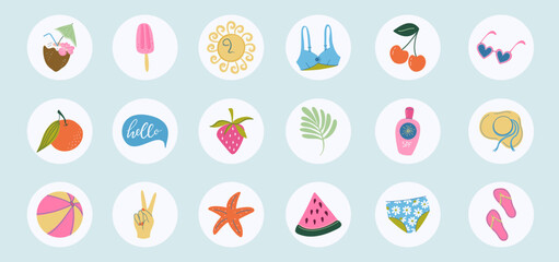 Summer highlight covers for social media. Set of cute vintage flat design beach vacations illustrations. Hand drawn icons with holiday symbols. Stickers, weekly planner elements.
