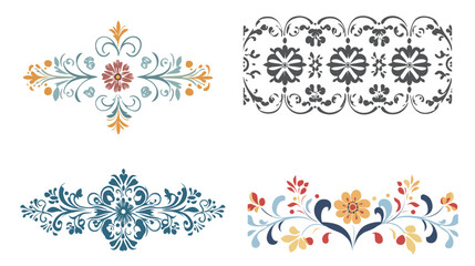 Collection of ornamental icons in flat vector design on white background, featuring decorative symbols, classic motifs, vintage shapes, elegant flourishes, and abstract elements for creative graphic 