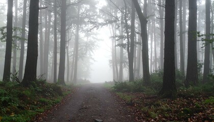 Obraz premium Misty forest path leading into the fog. A mysterious and serene scene perfect for wallpaper or print.