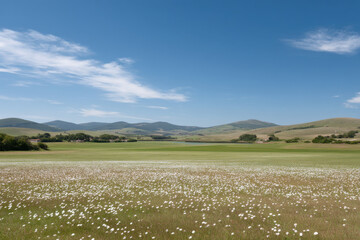 Fototapeta premium summer landscape with bright wildflowers against endless green meadows soft sunlight illuminating scene