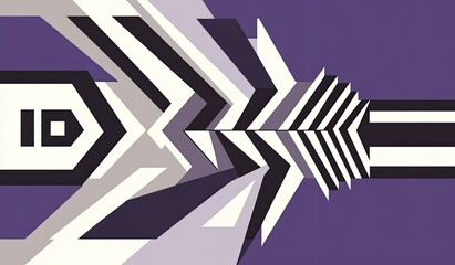 Abstract graphic design with layered geometric shapes, including arrows and a central ID element, on a purple background