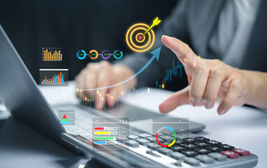 businessman financial analyzing data chart company on laptop with stock planning market analysis...