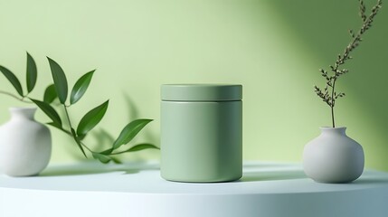 Elegant matcha tea tin mockup isolated on a clean, minimalistic background for creative showcase .