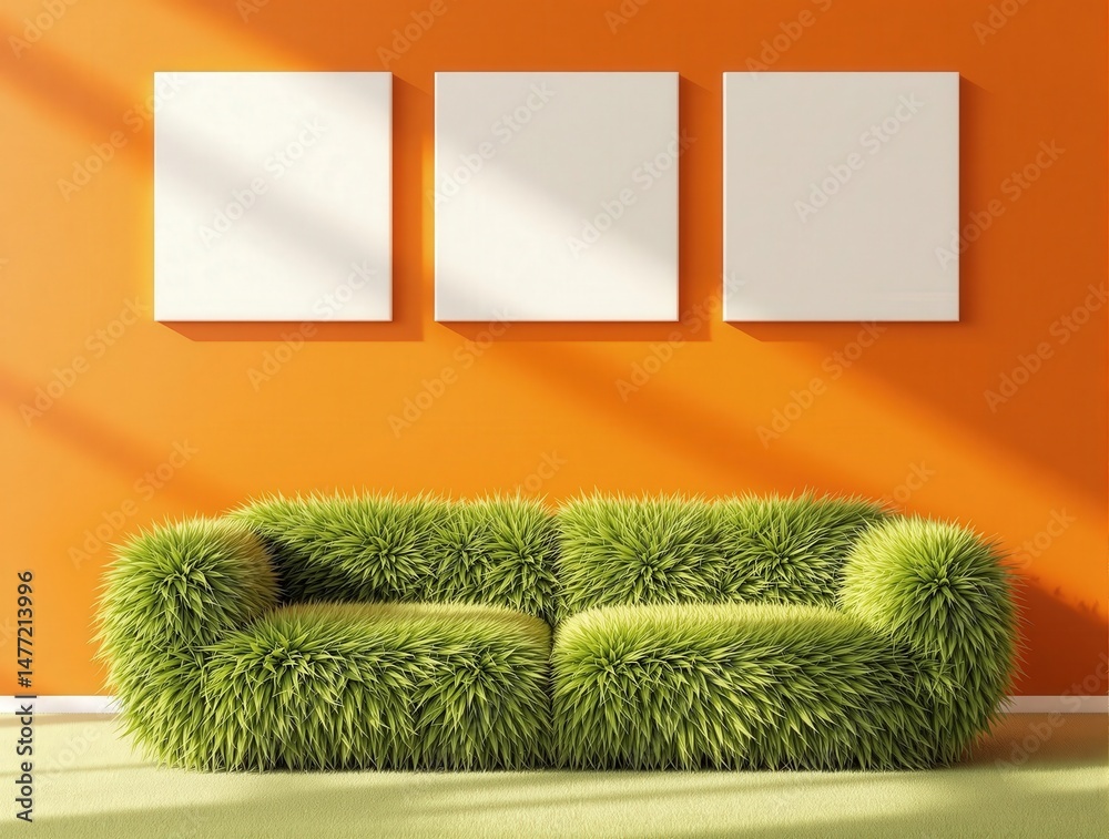 Poster a green couch with a textured surface in front of an orange wall with three white panels.