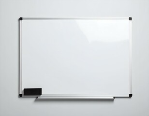 Blank whiteboard with eraser on a shelf, ready for notes, ideas, or presentations. Perfect for education, business, or home office.