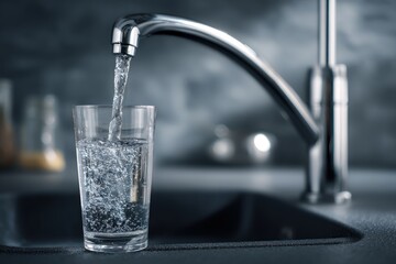 Water flows from a faucet into a clear glass in a kitchen.
