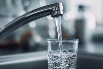 Water flowing from a faucet into a glass in a kitchen setting.
