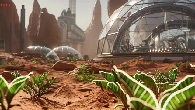 Futuristic greenhouse on Mars with lush plants thriving in red soil.
