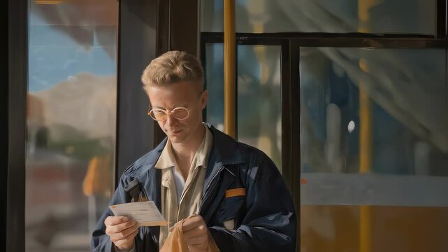 Commuter ticket inspection by conductor in bright city atmosphere