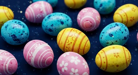 Colorful Easter Eggs on Dark Blue Background