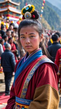Tibetan female teen wearing a chuba in a hillside temple festival