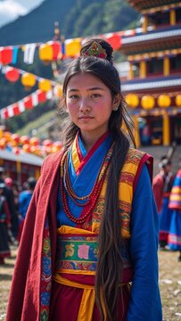 Tibetan female teen wearing a chuba in a hillside temple festival