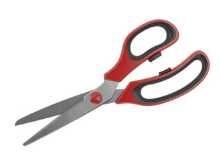 Close up of a red and black handle scissors isolated on a black background