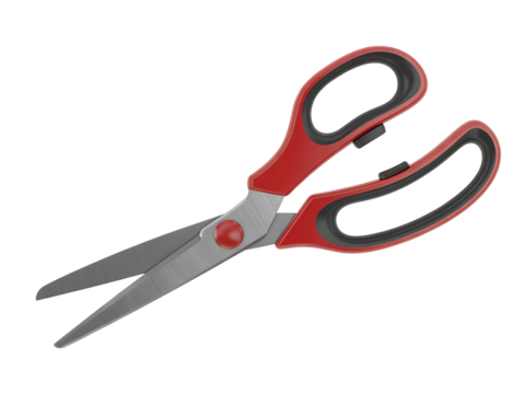 Close up of a red and black handle scissors isolated on a black background