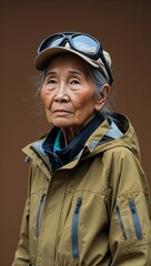 Fototapeta premium Vietnamese female elderly wearing functional outdoorwear on a mud brown background