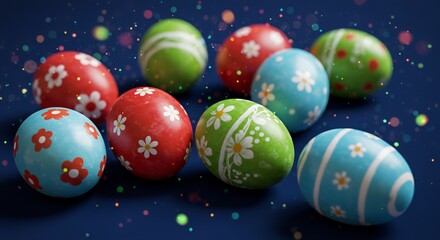 Fototapeta premium Colorful Easter Eggs with Floral Designs on Dark Blue Background