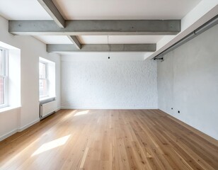 Fototapeta premium Empty bright room with white brick wall, wooden floor, and concrete ceiling beams. Ideal for interior design, real estate, and home staging.