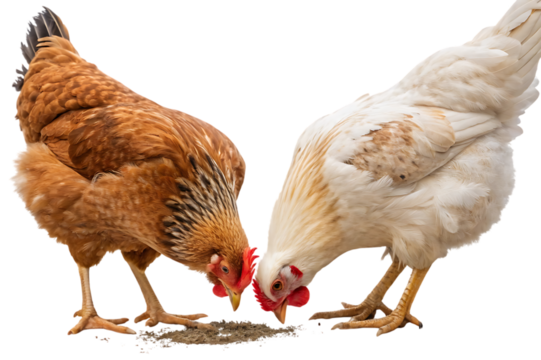 Two chickens pecking at food 