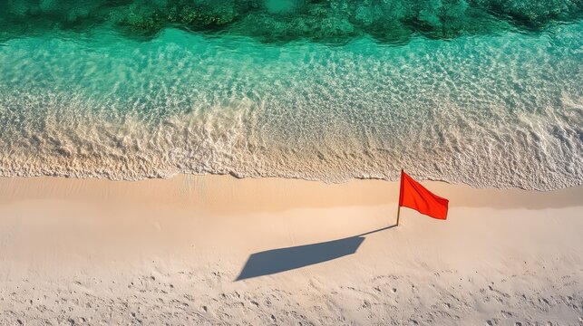 Isolated flag casting long shadow on textured beach sand with turquoise waves in frame - Powered by Adobe