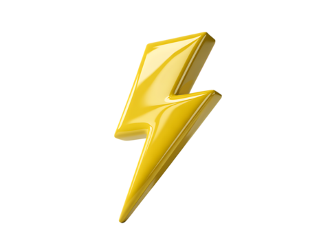 Glossy three dimensional yellow lightning bolt symbol icon for power energy and electricity concept