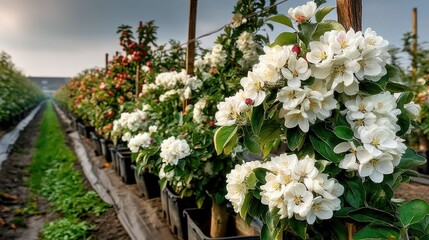 Apple blossom trees in rows