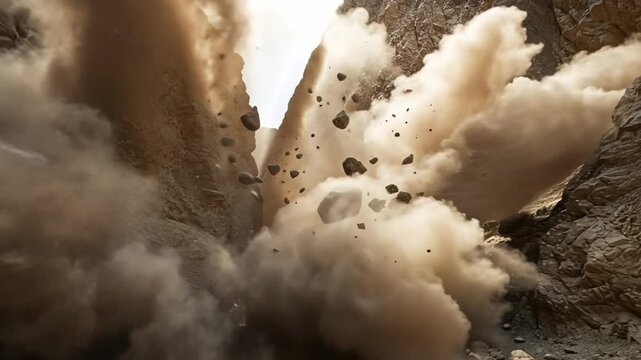 Dusty Explosion With Debris And Rocks Bursting Through Mountains