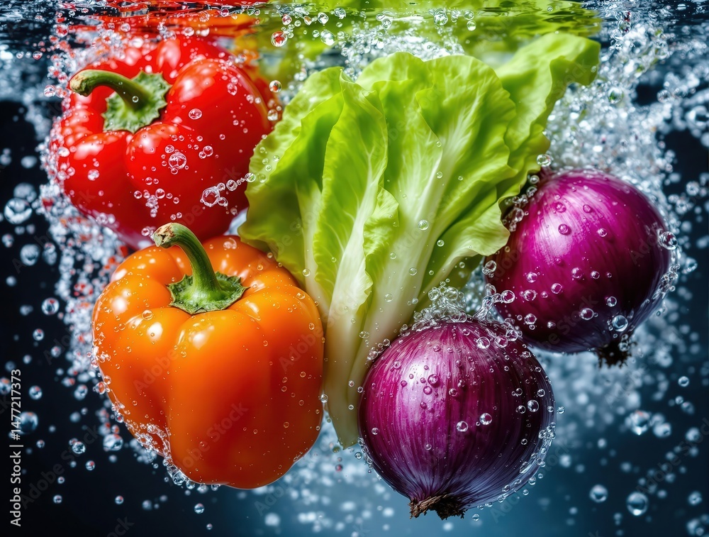 Poster a vibrant assortment of vegetables submerged in water, creating bubbles around them, showcasing thei