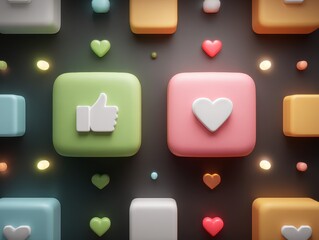Colorful 3D Social Media Icons Thumbs Up and Heart Symbols Pastel Blocks Background
