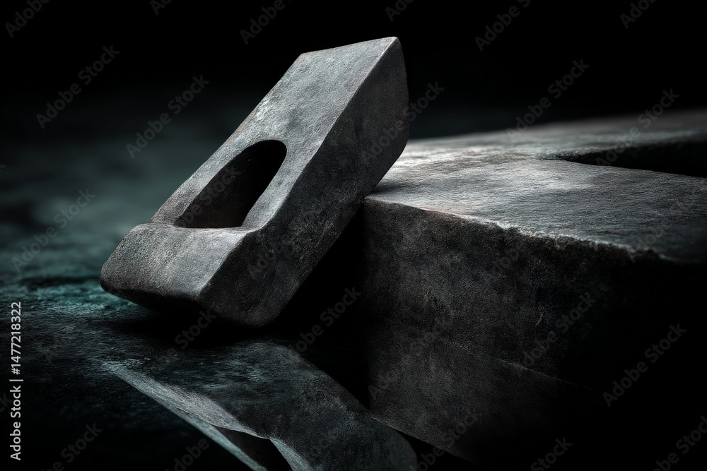 Poster Heavy metal object rests on a polished surface with reflective properties in dim light