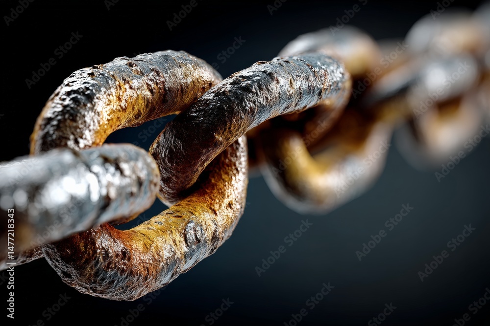 Aufkleber Rusty steel chain links on a dark background are displayed showcasing intricate textures and weathered surfaces