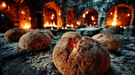 Artisan bread display in historical setting