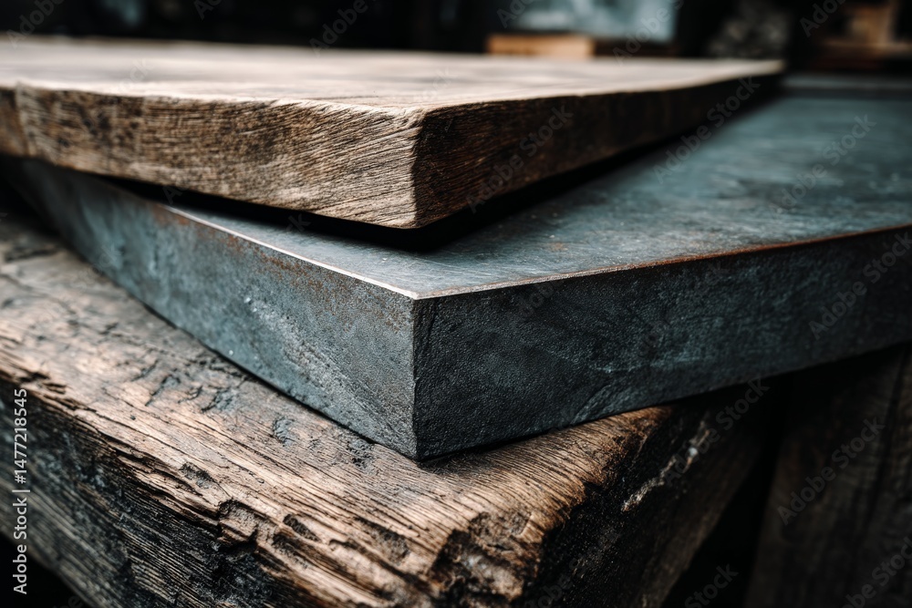 Poster Close-up view of wooden and metal surfaces in a workshop highlighting craftsmanship and materials used for various projects