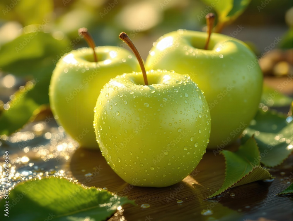 Aufkleber a group of green apples on a wooden surface, some with dew drops on them.