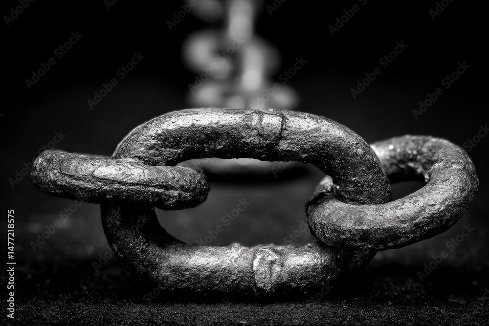 Poster close-up view of a weathered metal chain link on a dark background showcasing texture and details in