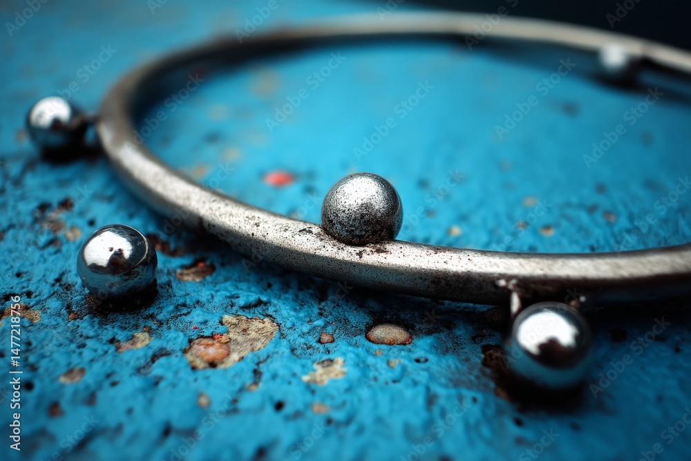 Aufkleber Metal circular object with metallic balls arranged on a textured blue surface during daylight hours