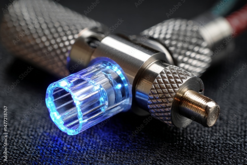 Aufkleber close-up view of a metallic audio connector with blue led lights on a dark surface
