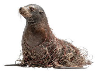 seal entangled in fishing net isolated on transparent background