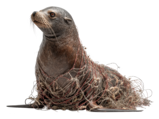 seal entangled in fishing net isolated on transparent background