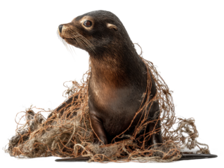 seal entangled in fishing net isolated on transparent background