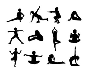 Children practice yoga, dark silhouettes on a white background