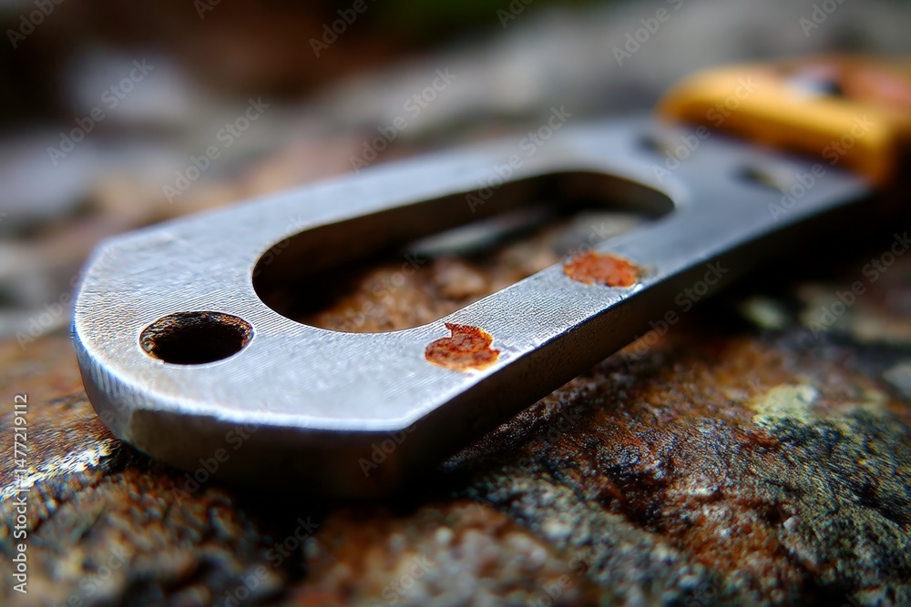 Aufkleber Close-up view of a rusted metal tool lying on a weathered surface in a natural setting