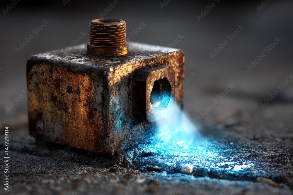 Poster rusty metal object emits blue light in an industrial setting at dusk