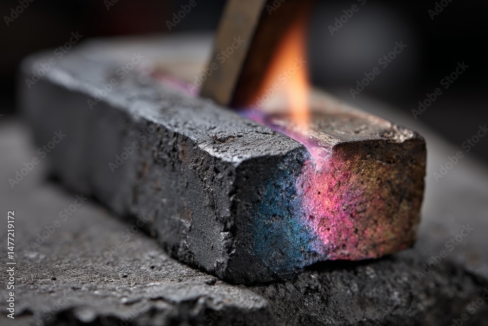 Poster crafting metal at a blacksmith forge with glowing materials and flames in a traditional workshop set