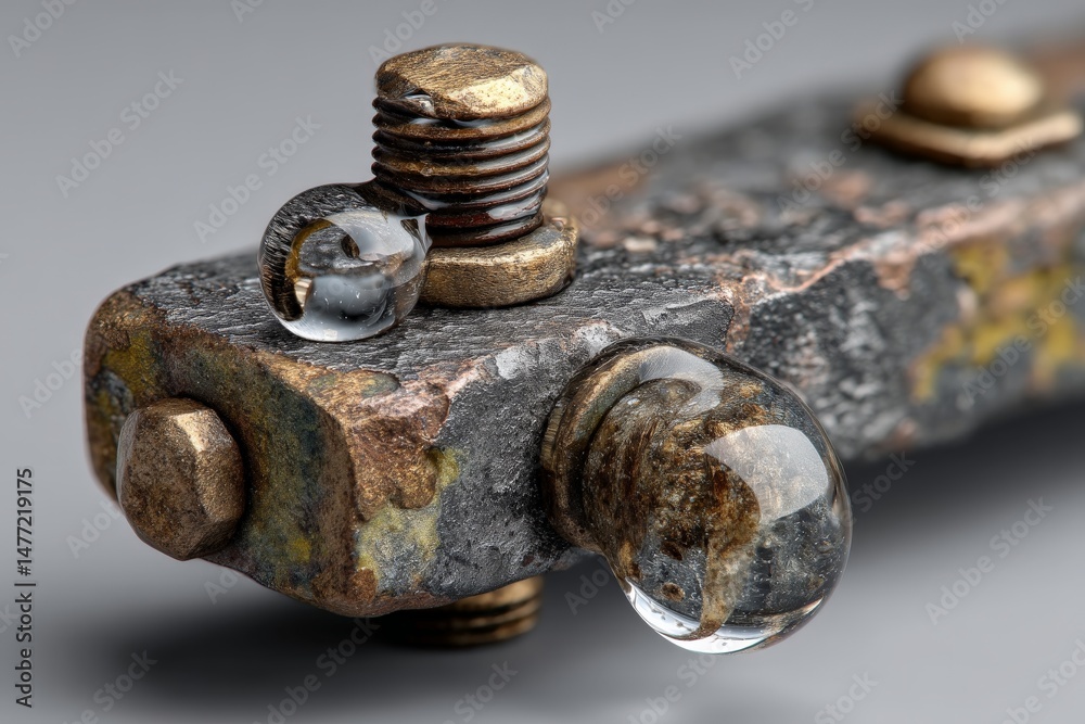 Aufkleber Detailed close-up of a rusted metal object with glass beads and bolts on a gray background showing intricate textures and reflections
