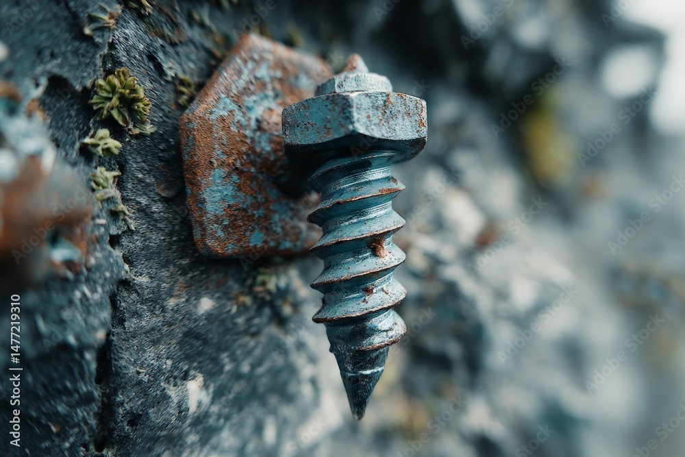 Poster rusty metal screw embedded in weathered stone on a damp rock surface at a coastal location