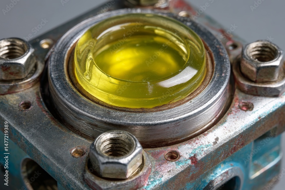 Leinwandbilder Close-up view of a mechanical component with a yellow lens and metallic fittings in a workshop setting